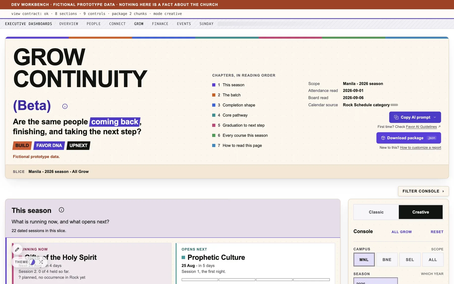 Grow Continuity: the same trail and console, a chaptered reading order, and this season's running and upcoming courses.