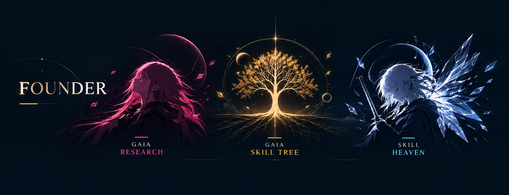 Founder banner: the word Founder beside three illustrated figures labelled Gaia Research, Gaia Skill Tree and Skill Heaven.