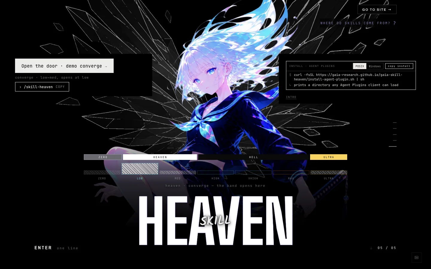 The Skill Heaven site: an illustrated figure in shattered crystal, an install command, the zero-to-ultra ladder, and the word Heaven.