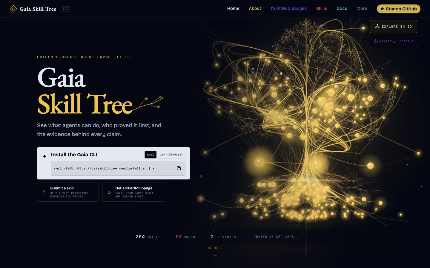 The Gaia Skill Tree homepage: a glowing golden skill graph beside the title, an install command, and the counts 294 skills, 93 named, 2 ultimates.